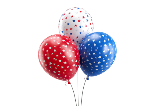 Three patriotic balloons, red, white, and blue, patterned with stars, clustered together