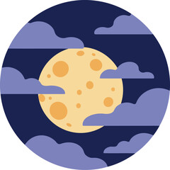 Stylized full moon with craters partially obscured by wispy purple clouds against a dark night sky in a circular graphic