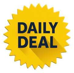 Naklejka premium Yellow starburst sticker with DAILY DEAL offer in bold lettering, attention-grabbing retail discount promo on transparent background.
