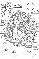 Fototapeta premium Peacock coloring page with ice cream on the beach