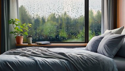 Fototapeta premium a cozy bed by the window with raindrops on the glass