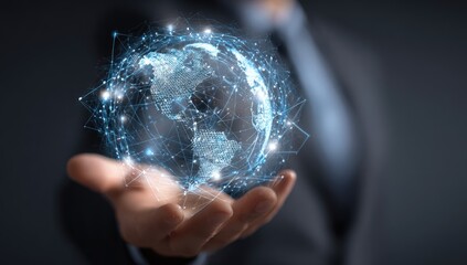 A person's hand hovers over a holographic globe