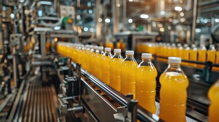 Bottled Beverages in Production: A high-angle view unveils a line of bottles moving along a conveyor belt, showcasing the efficient production process. The liquid-filled containers glide effortlessly.