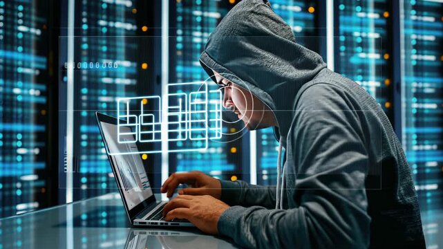A skilled individual in a hoodie focuses on intricate coding and data protection methods against cyber threats in a high-tech environment