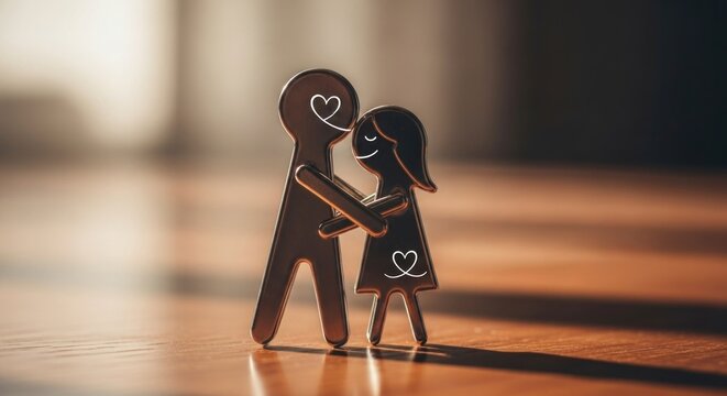 Metal figures of embracing man  woman with heart symbols standing on a wooden surface