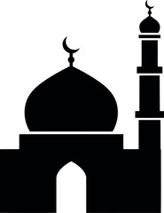 Silhouette of a traditional mosque with a dome and minaret against a clean white background representing islamic architecture and faith