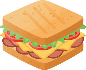 Delicious isometric sandwich filled with ham cheese lettuce and tomatoes on white background