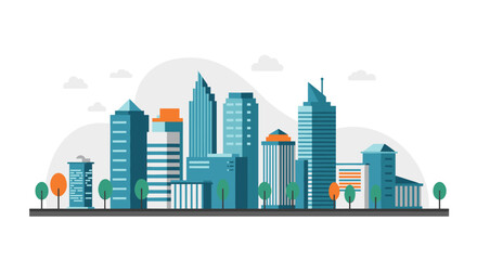 Modern flat urban cityscape with skyscrapers and trees