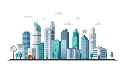 Fototapeta premium Modern city skyline with geometric buildings and technology elements