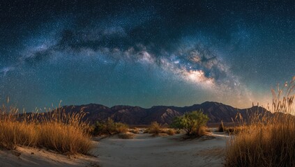 Fototapeta premium Panoramic night sky over desert mountains