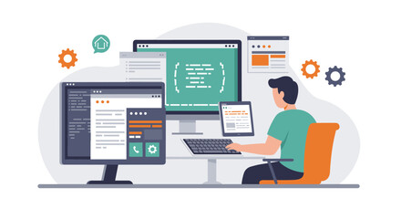 Developer working at computer desk in modern office environment