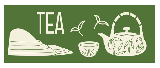 Green tea banner featuring tea leaves, cultivation, and packaging elements. Perfect for tea brands, organic product marketing, cafes, and wellness-focused businesses.
