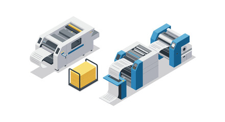 Modern printing machines in isometric style with paper stack