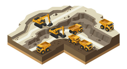 Naklejka premium Heavy construction machinery in action on excavation site with isometric design