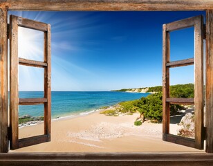 serene view of a sunny coastline through an open rustic wooden window