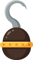 A detailed illustration of a classic pirate hook with a dark brown handle and a shiny metallic curved hook against a white background