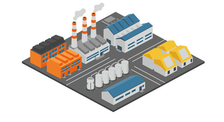 Isometric factory scene with industrial buildings and chimneys