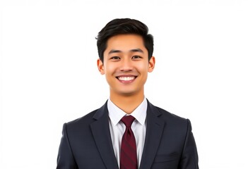 Smiling young professional in suit, isolated on white background, optimistic, confident