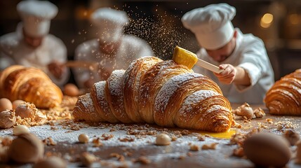 Miniature chefs carefully baking a giant flaky croissant