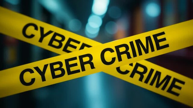 A yellow police tape with 'cyber crime' written on it, often used to mark off a scene or secure an area