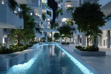 Modern architectural complex at night.  Vertical gardens and pool