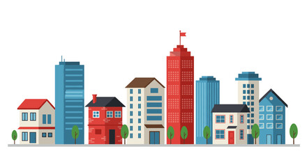 Fototapeta premium Charming urban skyline with modern and classic architecture in flat design