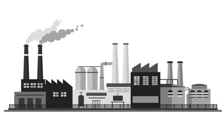 Obraz premium Monochrome industrial cityscape with factories and smokestacks