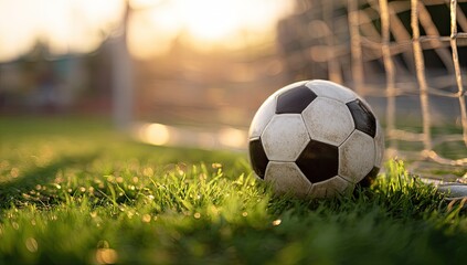 Soccer ball on a grassy field at sunset (1)