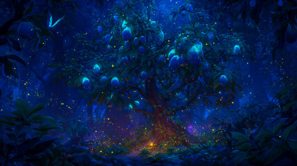A glowing tree with luminous blue fruit in the heart of an enchanted forest, surrounded by fireflies and mystical creatures, creating a magical atmosphere