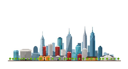 Modern urban skyline with colorful skyscrapers and classic buildings