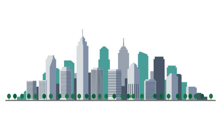 Modern cityscape with skyscrapers and trees in minimalistic flat design