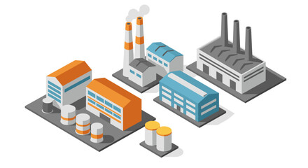 Obraz premium Isometric industrial factory layout with chimneys and storage tanks