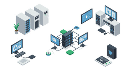 Isometric data center setup with servers and monitors