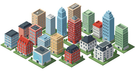 Isometric urban architecture set with vibrant modern and classic buildings