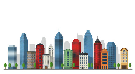 Obraz premium Colorful urban skyline with diverse skyscrapers and trees