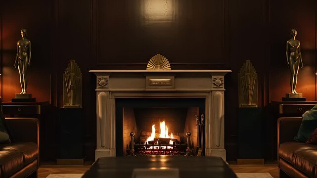 Elegant living room with a fireplace, golden statues, and a cozy atmosphere, perfect for relaxation