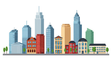 Naklejka premium Vibrant city skyline with diverse modern and classic buildings