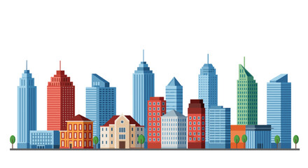 Fototapeta premium Flat style urban skyline with colorful buildings on white background
