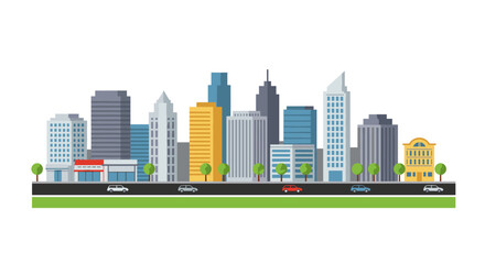 Obraz premium Modern urban skyline with diverse architecture and green spaces