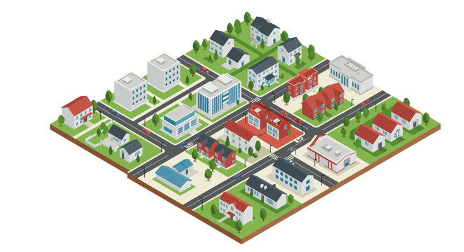 Charming isometric suburban town with houses, roads, and community buildings