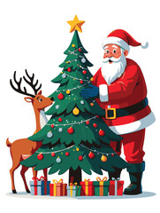 Fototapeta premium Santa Claus and reindeer decorating Christmas tree with gifts