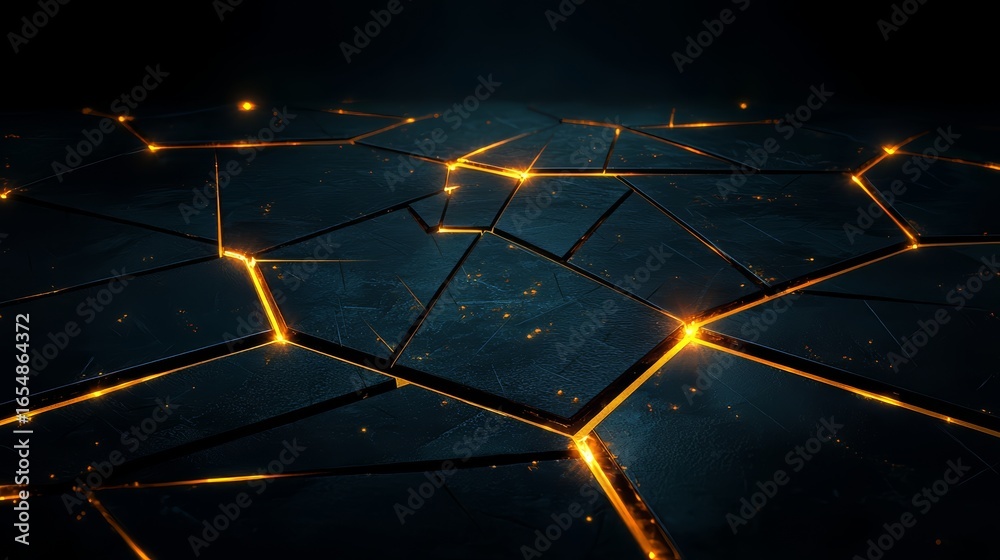 Wall mural black and orange image of a broken surface with a yellow glow. the image has a futuristic and indust
