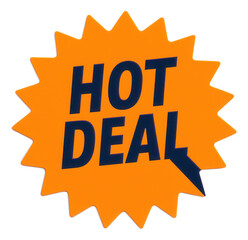 Fototapeta premium Vibrant orange burst sticker with HOT DEAL promotion in bold typography, striking retail offer on transparent background.