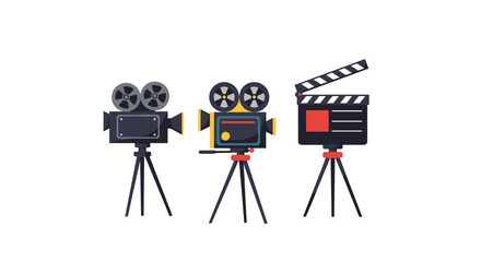Obraz premium Retro cinema equipment: charming flat style movie cameras and clapperboard set
