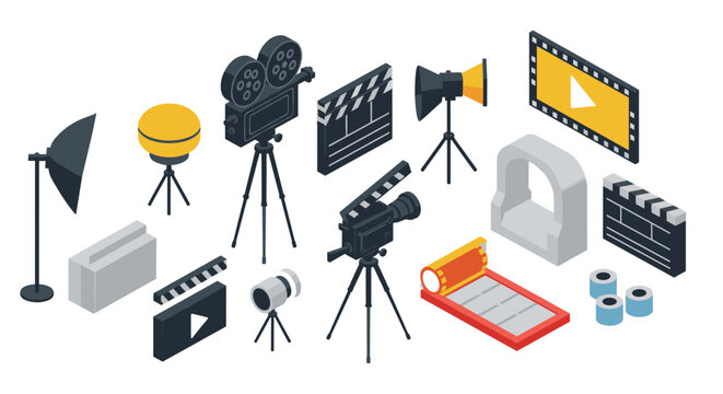 Isometric film and video production equipment icons set