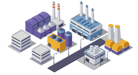 Isometric factory complex with modern industrial buildings and chimneys