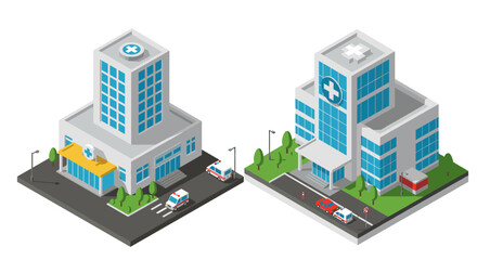 Modern isometric hospital and clinic buildings with ambulances and trees