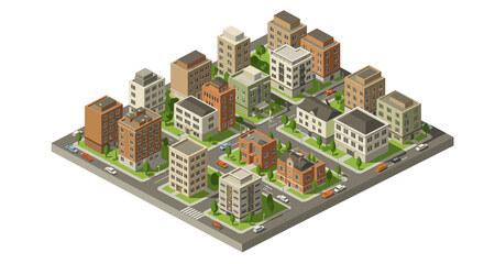 Isometric urban neighborhood with detailed low poly buildings and streets