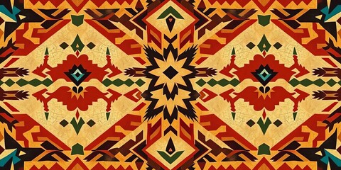Intricate geometric pattern in earthy tones, featuring stylized arrowheads and zigzags reminiscent of Native American designs, carpet, ikat