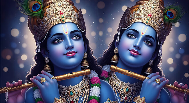 Two blue skinned figures with ornate crowns playing flutes